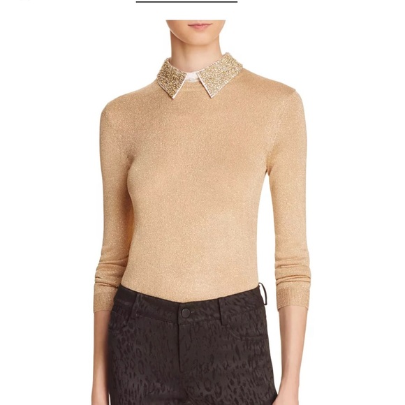 Alice+Olivia Dia Gold Metallic Sweater with Removable Embellished Collar - Small - Picture 10 of 15